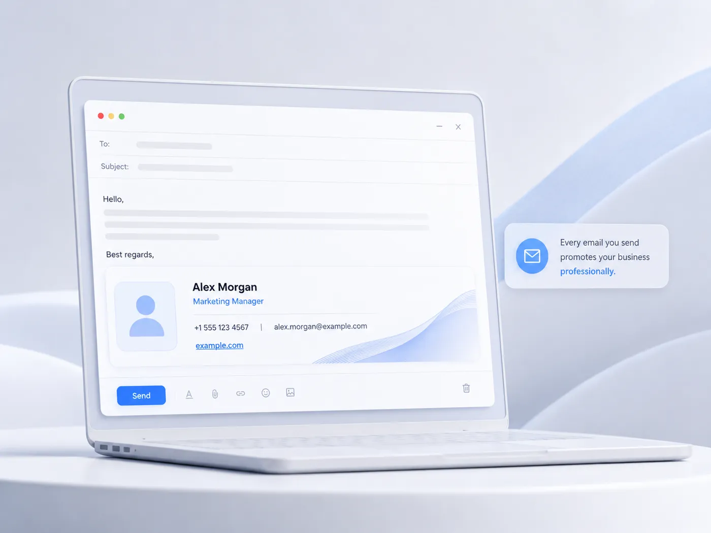 Email with a professional signature promoting a website